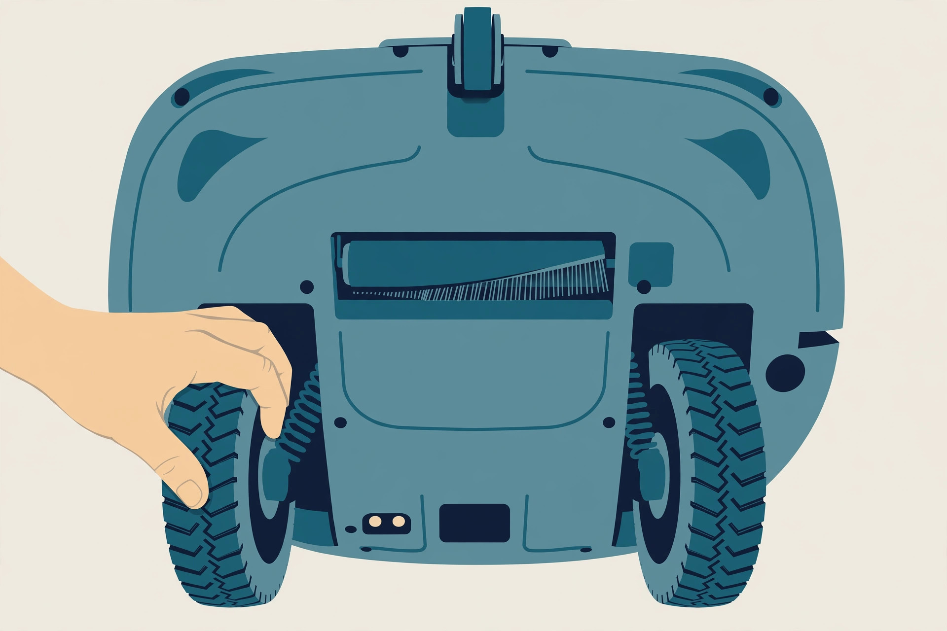 Hand pressing a treaded rubber drive wheel inward on the underside of a robot vacuum
