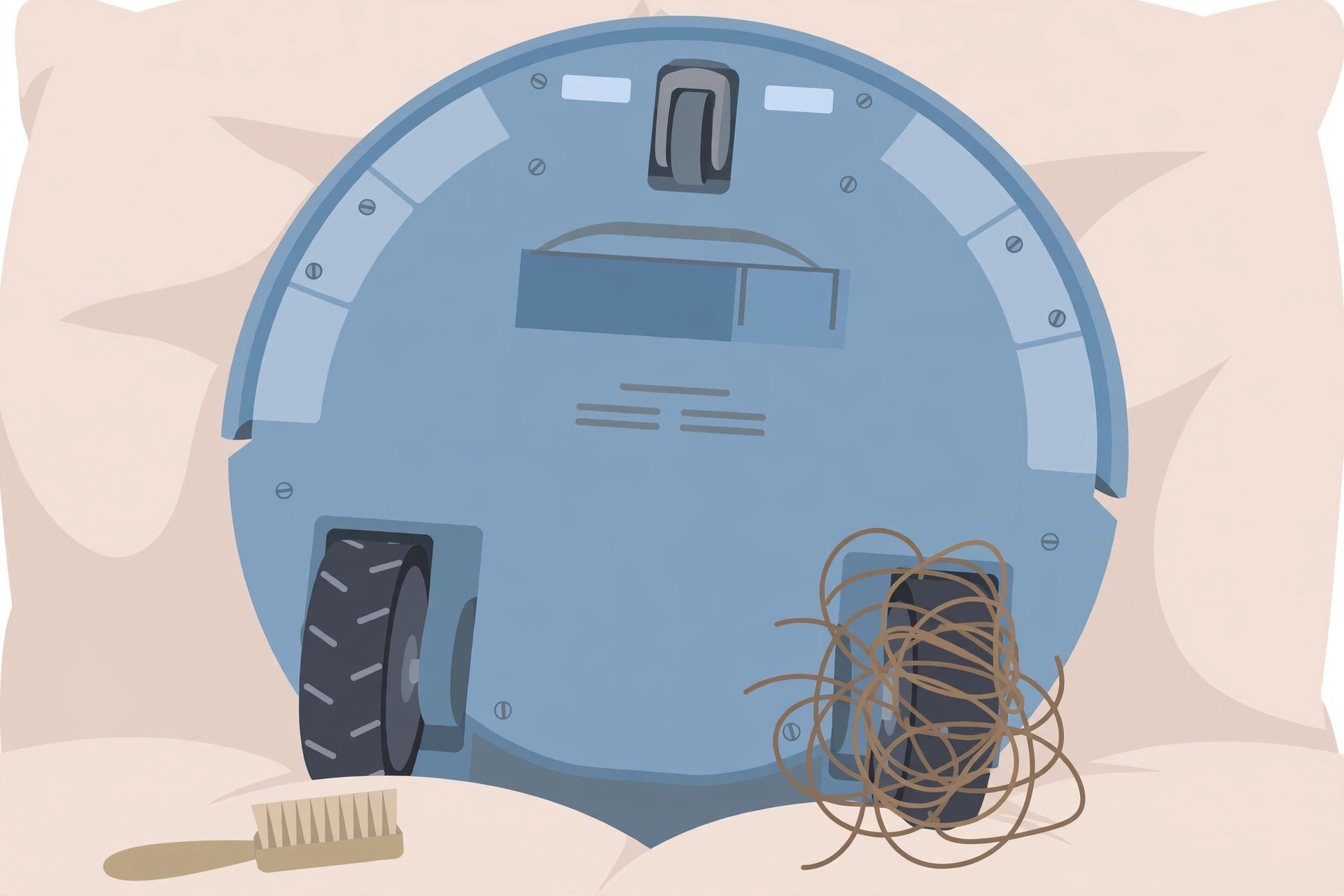Robot vacuum flipped over on a cushion with one drive wheel wrapped in tangled hair, brush nearby