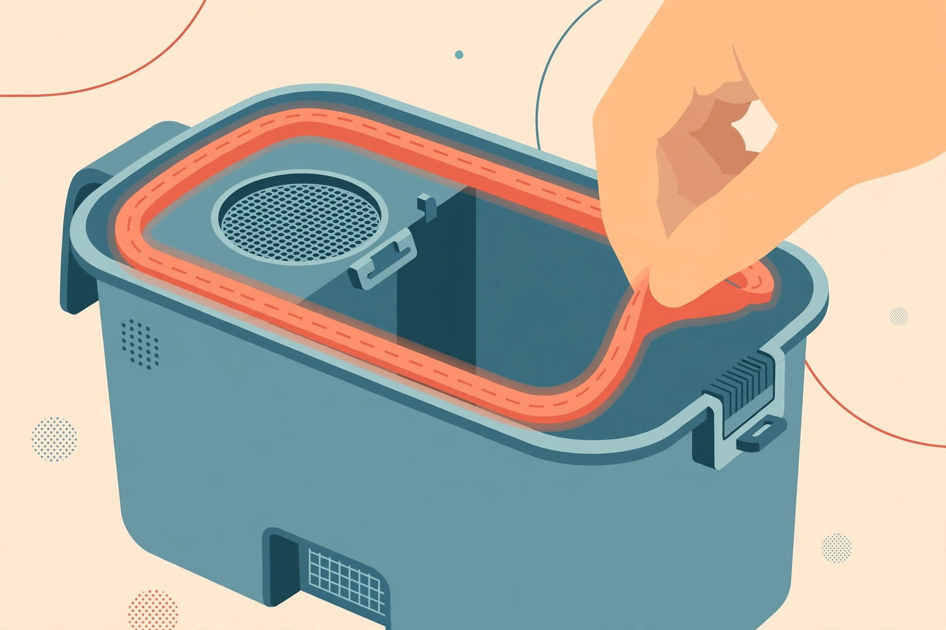 Hand inspecting the highlighted rubber gasket seal around a robot vacuum dustbin