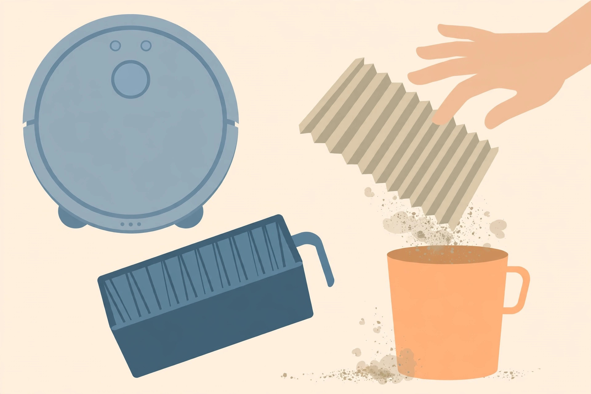 Hand tapping a pleated filter over a trash bin, dust falling out, dustbin and robot vacuum nearby