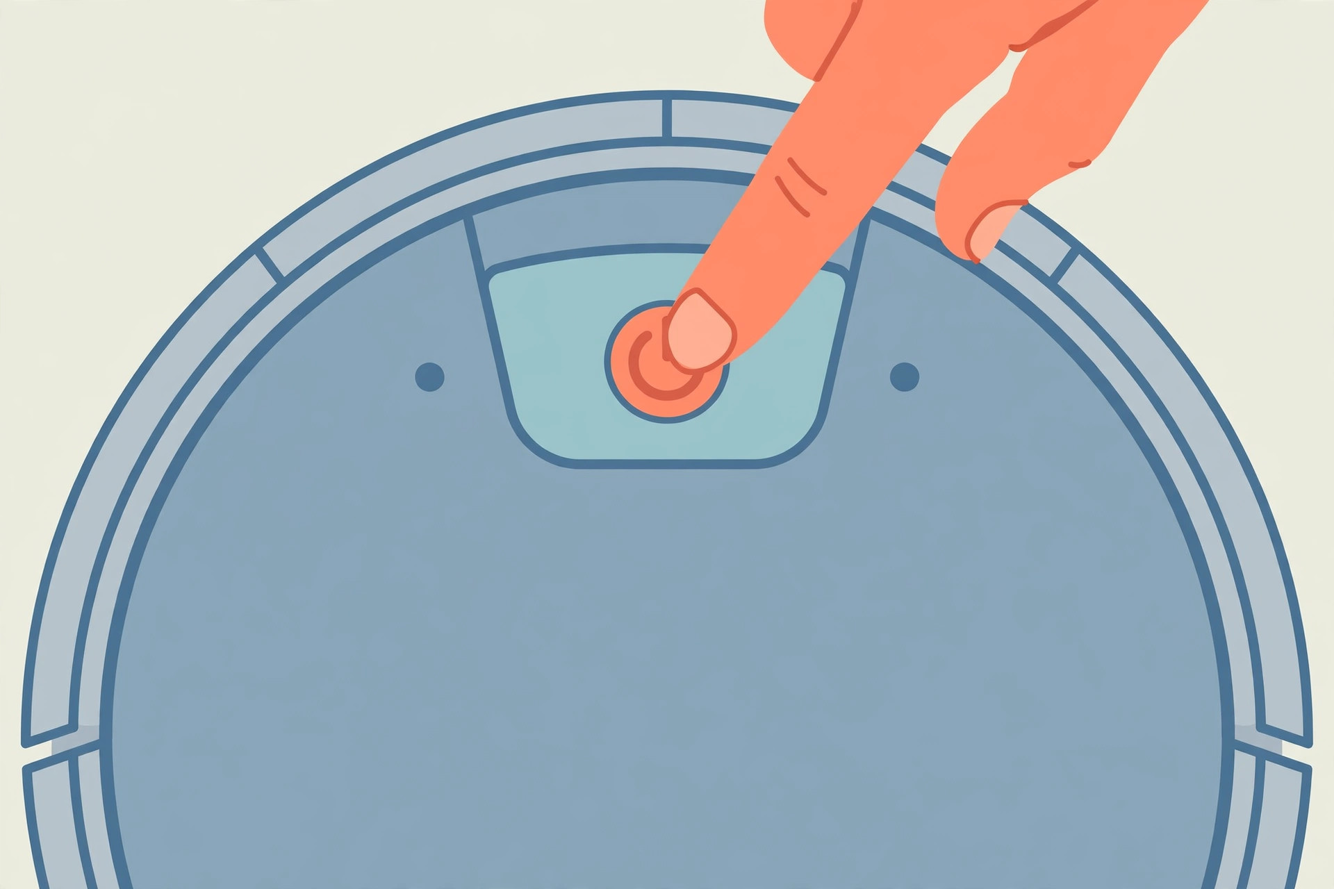 Finger pressing the power button on top of a round robot vacuum